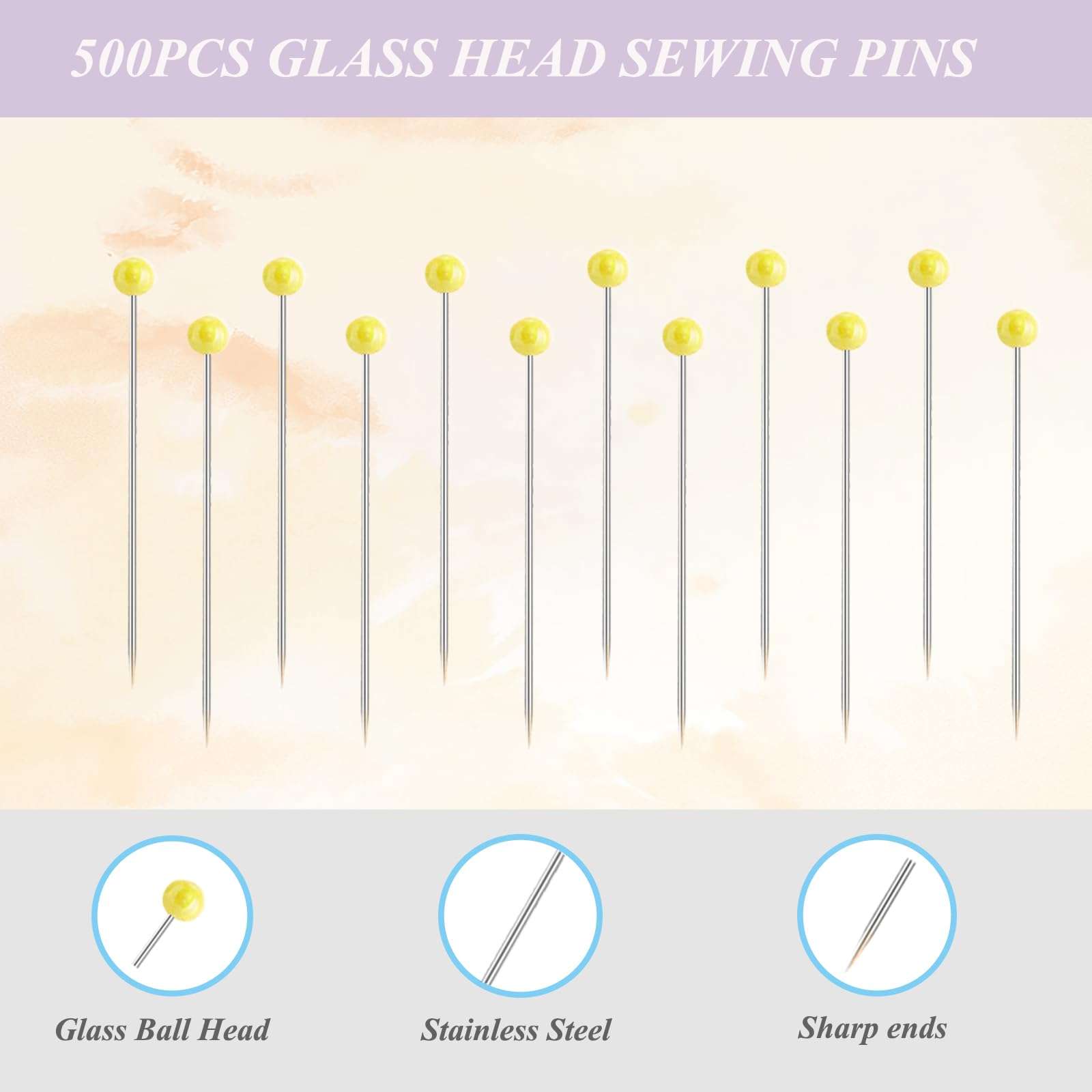 Sunenlyst 500 PCS Straight Pins, 1.75IN Quilting Pins Long Yellow Glass Ball Head Sewing Pins for Fabric, Stainless Steel Dressmaker for Sewing, Crafts, Jewelry Making, DIY - Image 3