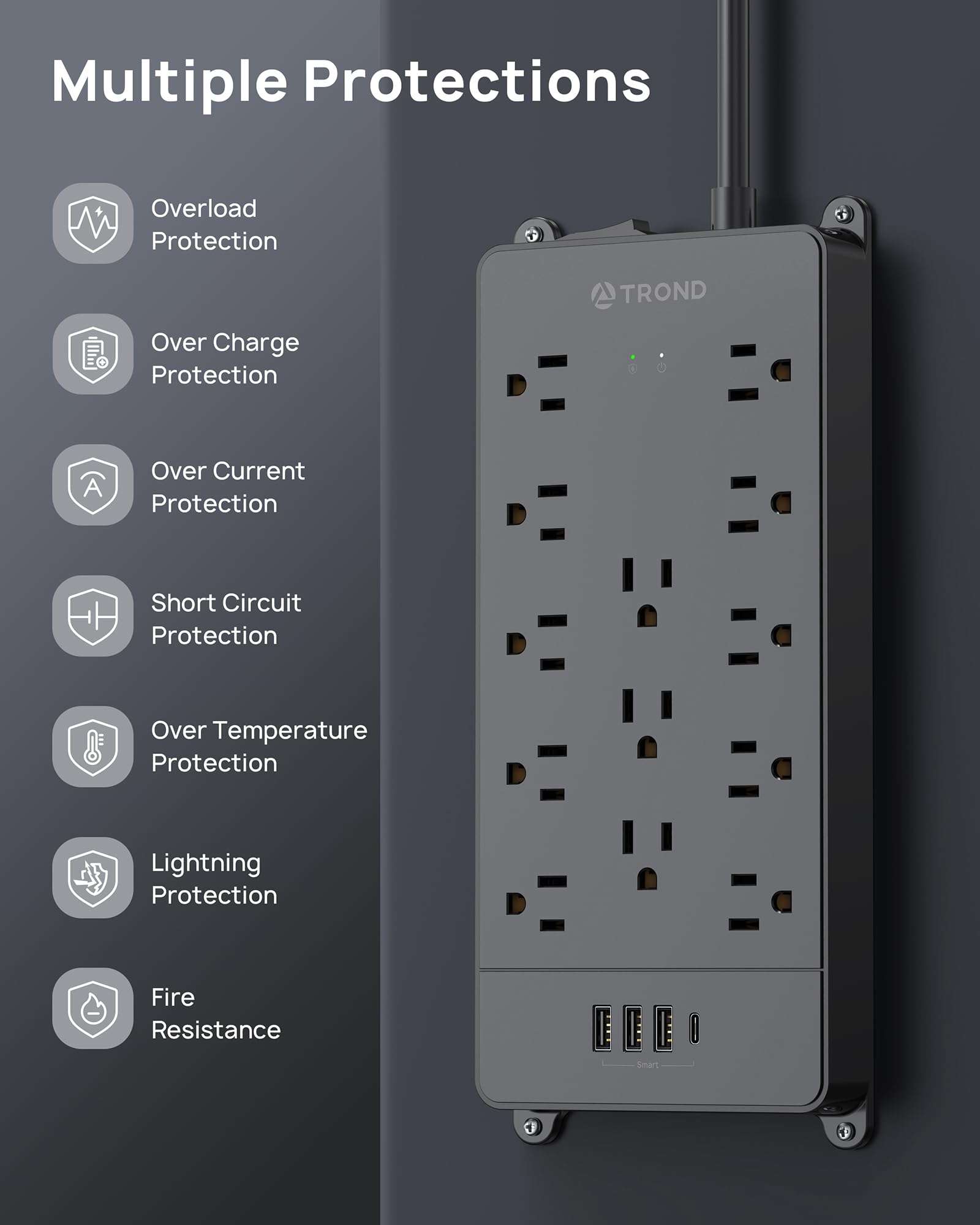 TROND Surge Protector Power Strip, 4000 Joules, ETL Listed, 13 Widely-Spaced Outlets Expansion with USB C Ports, Low-Profile Flat Plug, Wall Mountable, 5ft Extension Cord, 14AWG Heavy Duty, Black - Image 8