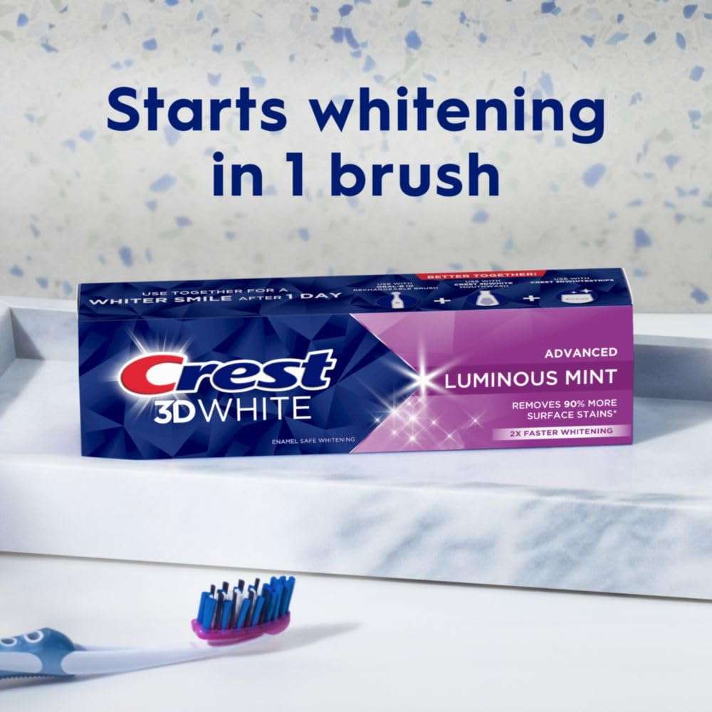 Crest 3D White Advanced Luminous Mint Teeth Whitening Toothpaste, Crest Toothpaste, 3.7 oz Pack of 4 - Helps Remove Surface Stains, Whitens Teeth, Strengthens Tooth Enamel, Protects Against Cavities - Image 6
