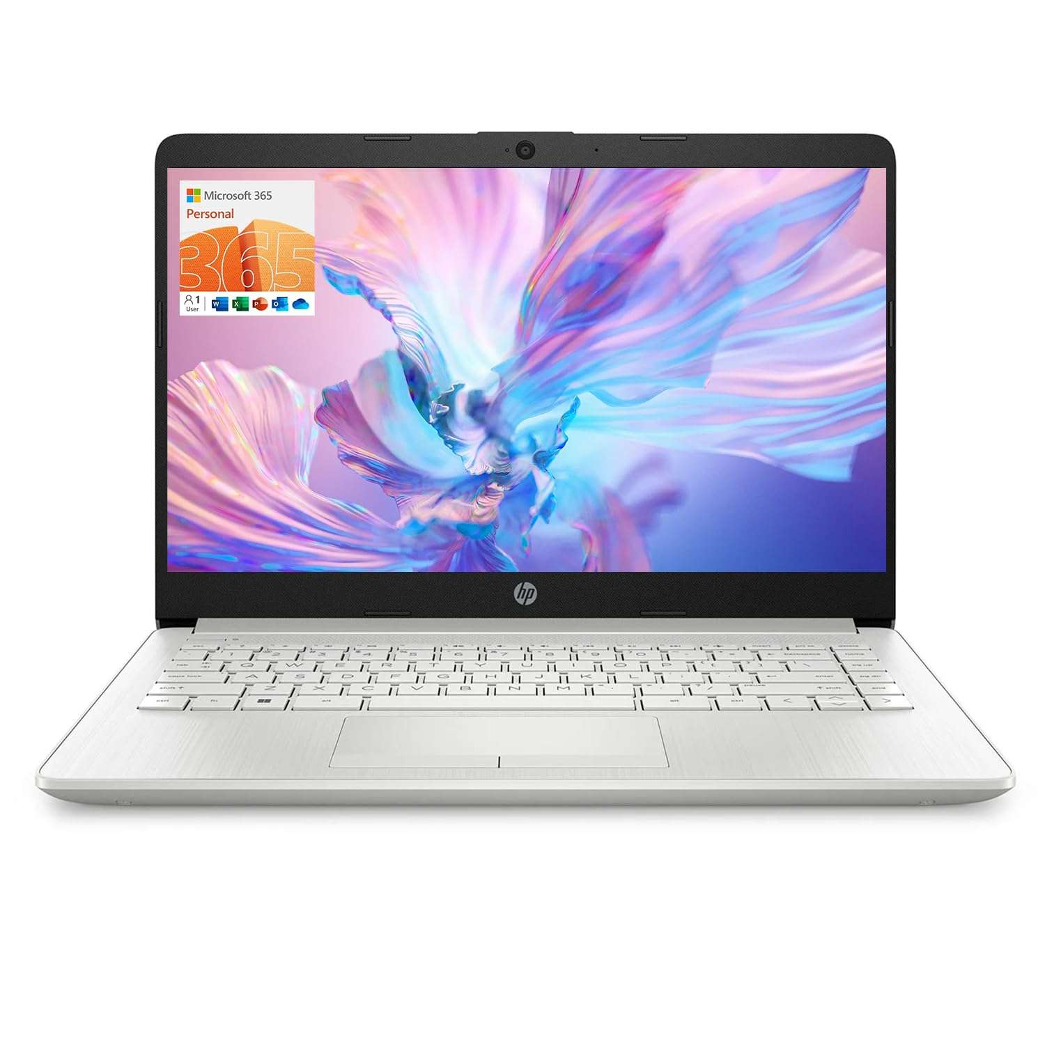 HP Portable Laptop, Student and Business, 14" HD Display, Intel Quad-Core N4120, 16GB DDR4 RAM, 64GB eMMC, 1 Year Office 365, Webcam, RJ-45, HDMI, Wi-Fi, Windows 11 Home, Silver - Image 1