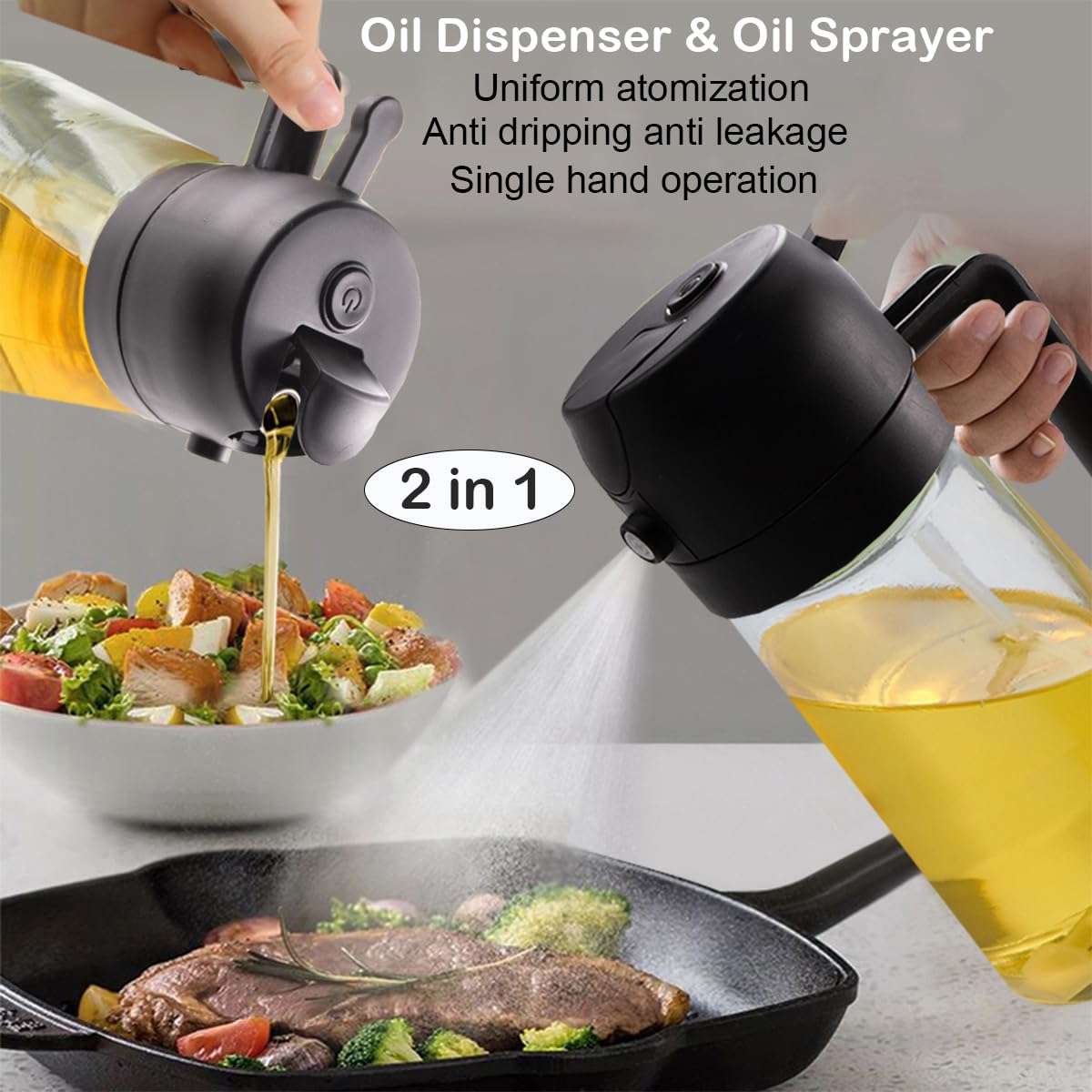 RFetomax Oil Sprayer for Cooking-2 in 1 Olive Oil Dispenser, 16oz/470ml Oil Dispenser Bottle for Air Fryer, BBQ,Salad, Frying, Barbecue (Black) - Image 3
