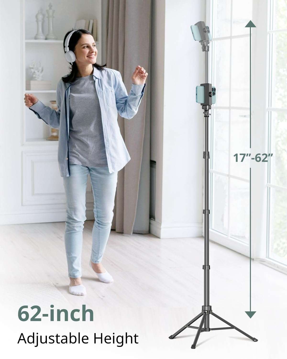 SENSYNE 62" Phone Tripod & Selfie Stick, Extendable Cell Phone Tripod Stand with Wireless Remote and Phone Holder, Compatible with iPhone Android Phone, Camera - Image 2