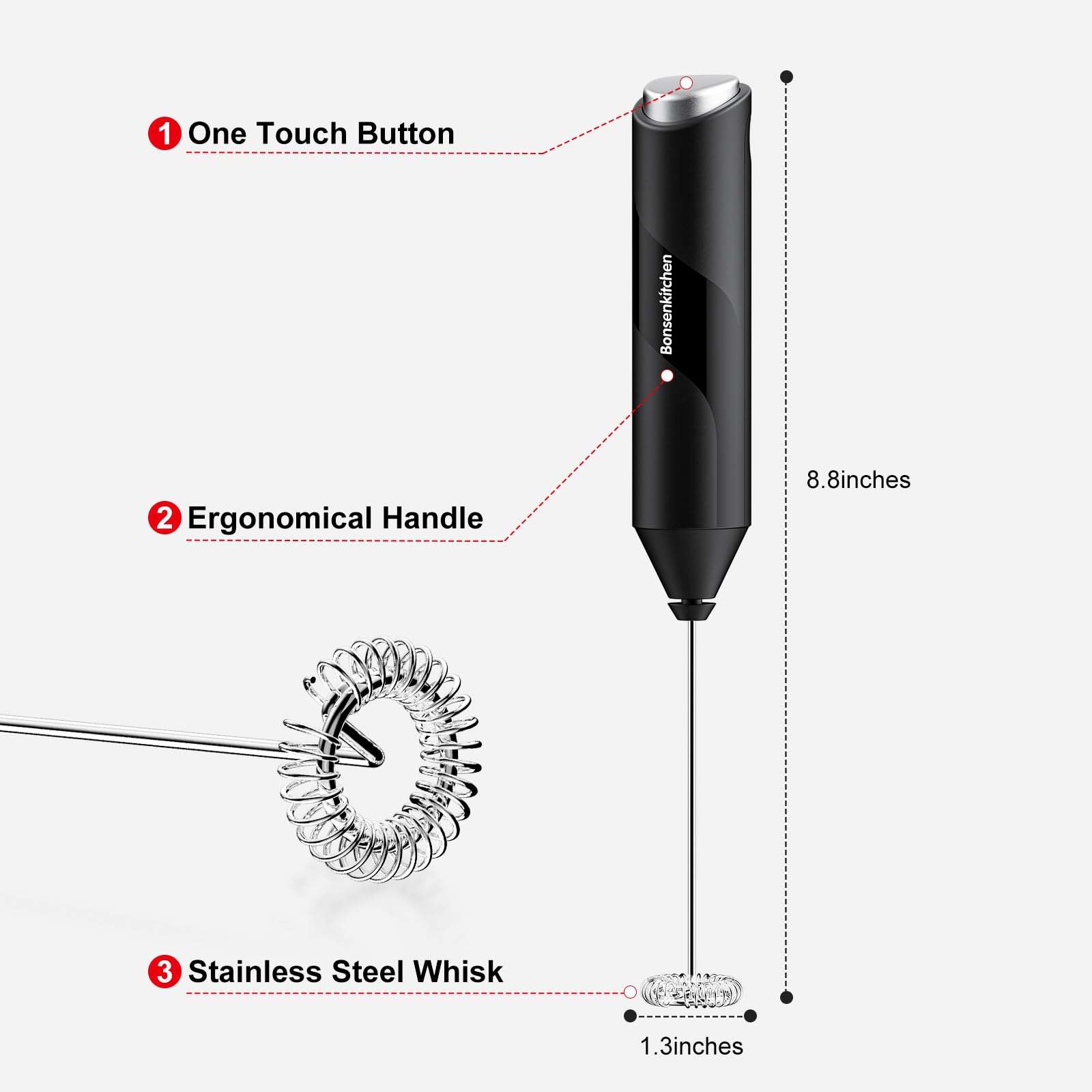 Bonsenkitchen Powerful Milk Frother for Coffee, Fast Handheld Drink Mixer with Stainless Steel Whisk, Battery Operated Hand Frother Stirrer Wand-Black - Image 2