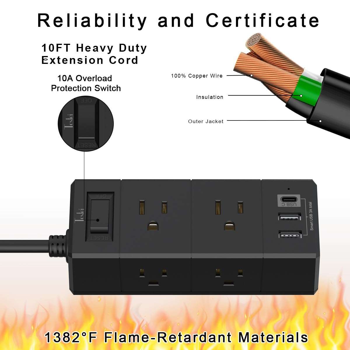 10Ft Extension Cord Flat Plug Power Strip - Tcstei 3-Side Outlet Extender with 6 AC Outlets and 3 USB Ports (1 USB C), Compact for Home, Office, Dorm Room Essentials, ETL, Black - Image 6