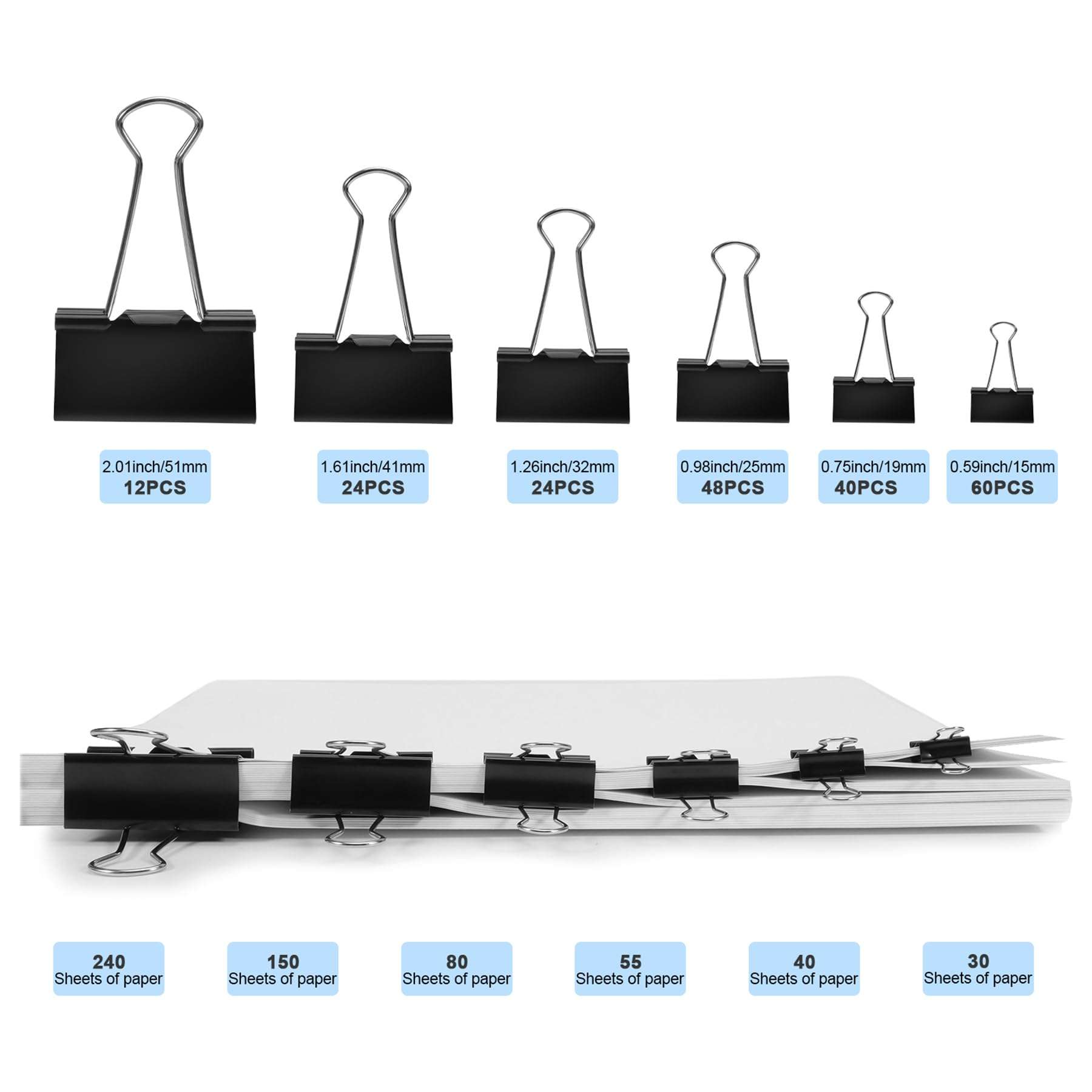 Binder Clips Assorted Sizes Including Extra Large Medium Small Mini and Micro, Office Supplies File Clamps Paper Clips, 6 Sizes in 6 Boxes, 208 PCS Metal Black Clamps for School - Image 2