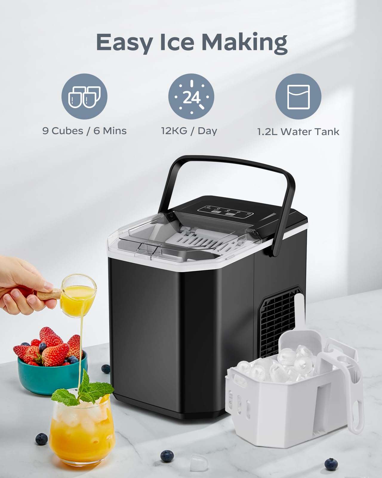 Silonn Ice Maker Countertop, Portable Ice Machine with Carry Handle, Self-Cleaning Ice Makers with Basket and Scoop, 9 Cubes in 6 Mins, 26 lbs per Day, Ideal for Home, Kitchen, Camping, RV - Image 3