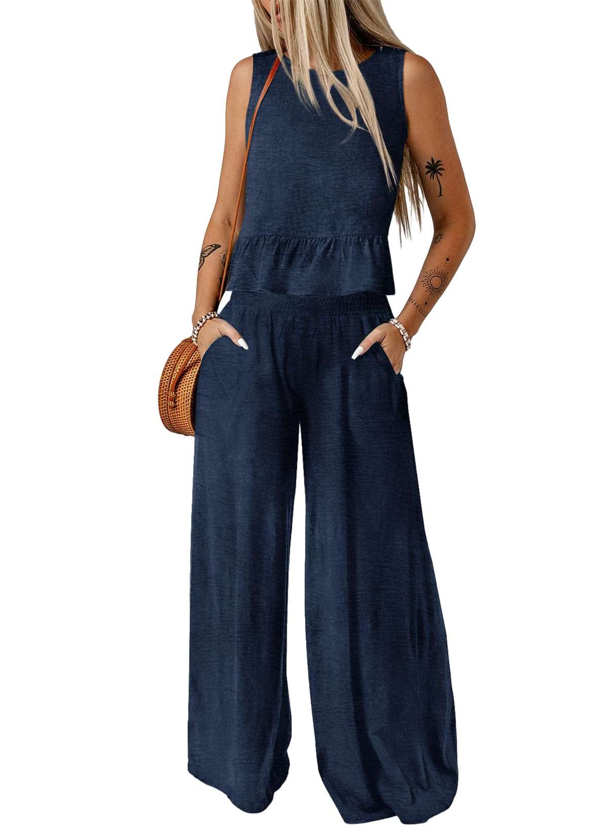 Dokotoo Pants Sets Women 2 Piece Outfits Sleeveless Round Neck Tank Tops Matching Sets for Women Elastic Waist Wide Leg - Image 1