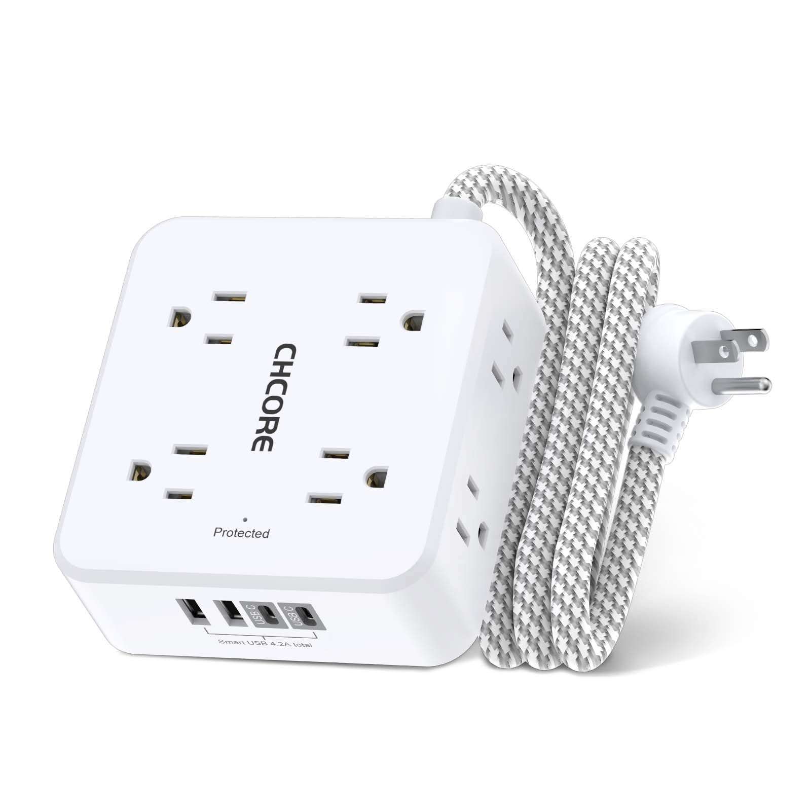 Surge Protector Power Strip - CHCORE 5Ft Braided Extension Cord with 8 Outlets with 4 USB (2 USB C) Charging Ports, Flat Plug Multi Plug Outlet Extender Charging Station for Home Office, ETL, White - Image 1