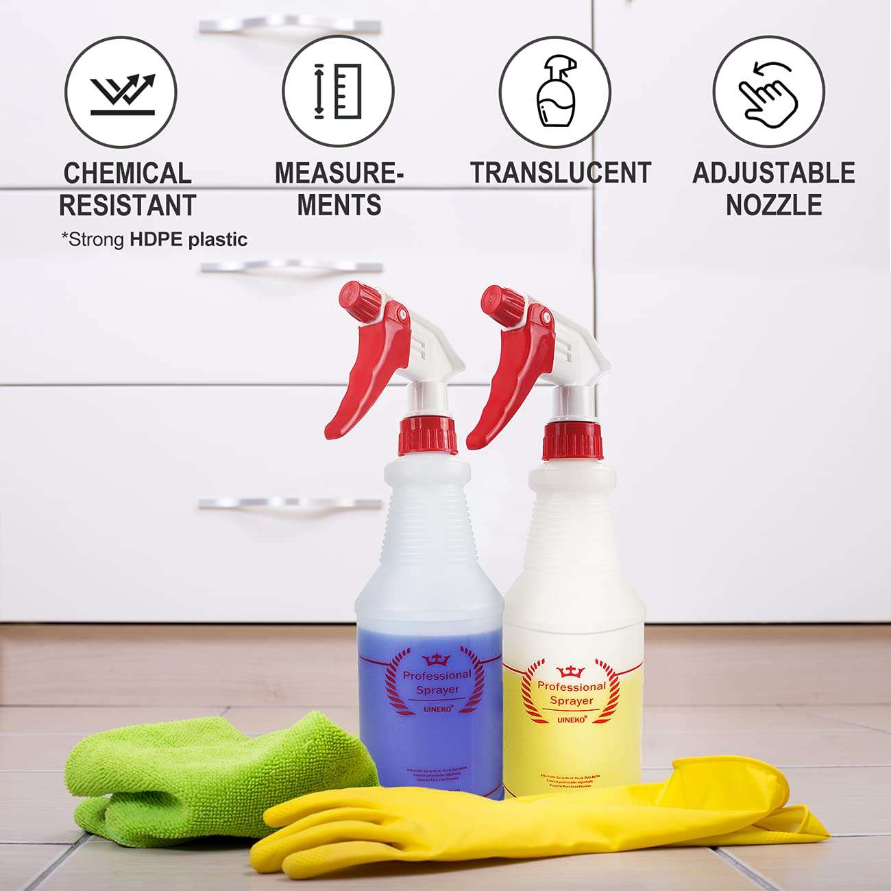 Uineko Plastic Spray Bottle (4 Pack, 24 Oz, All-Purpose) Heavy Duty Spraying Bottles Leak Proof Mist Empty Water Bottle for Cleaning Solution Planting Pet with Adjustable Nozzle and Measurements - Image 3