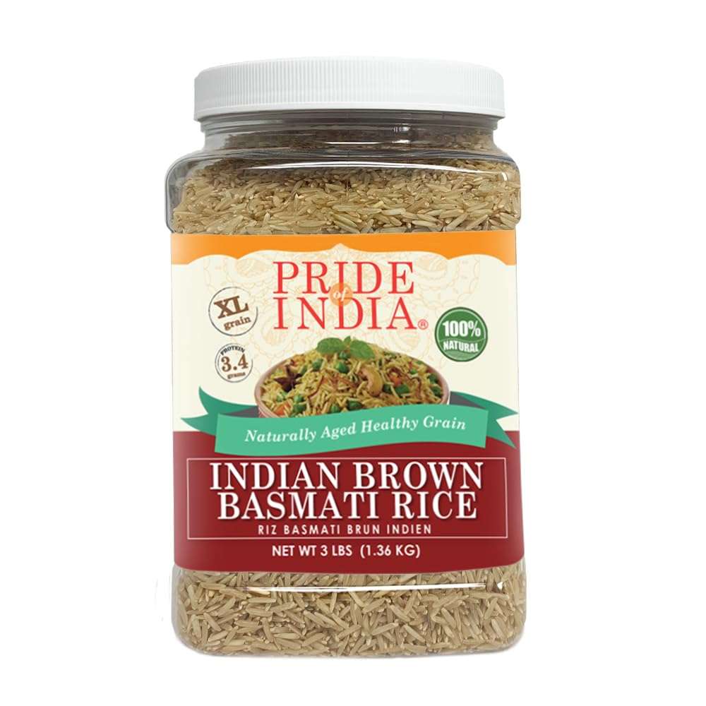 Pride Of India - Extra Long Brown Basmati Rice - Naturally Aged Healthy Grain, 3 lbs Jar - Image 1