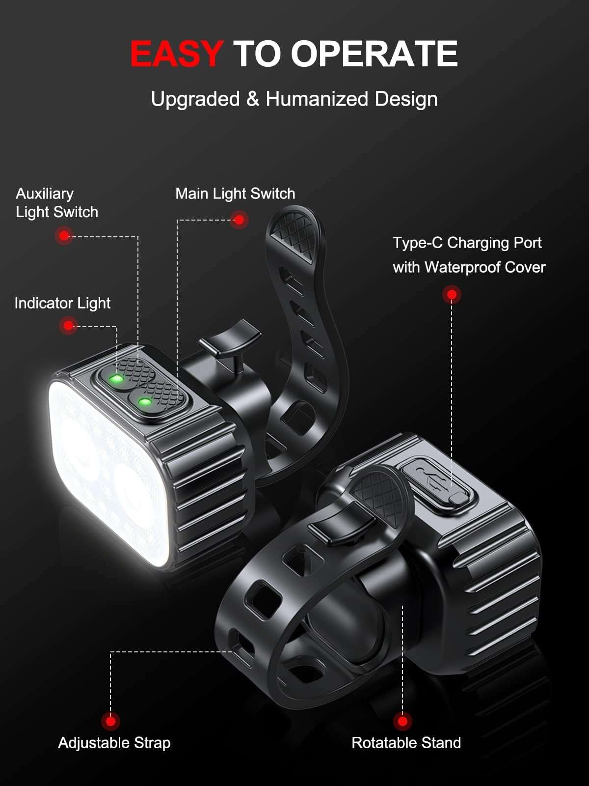 Bike Lights, Rechargeable Bicycle Lights Set Super Bright 8+12 Modes, IPX6 Waterproof Bike Lights for Night Riding/Cycling Safety, Front and Back Taillight Reflectors, 58 Hrs Long Battery Life - Image 5