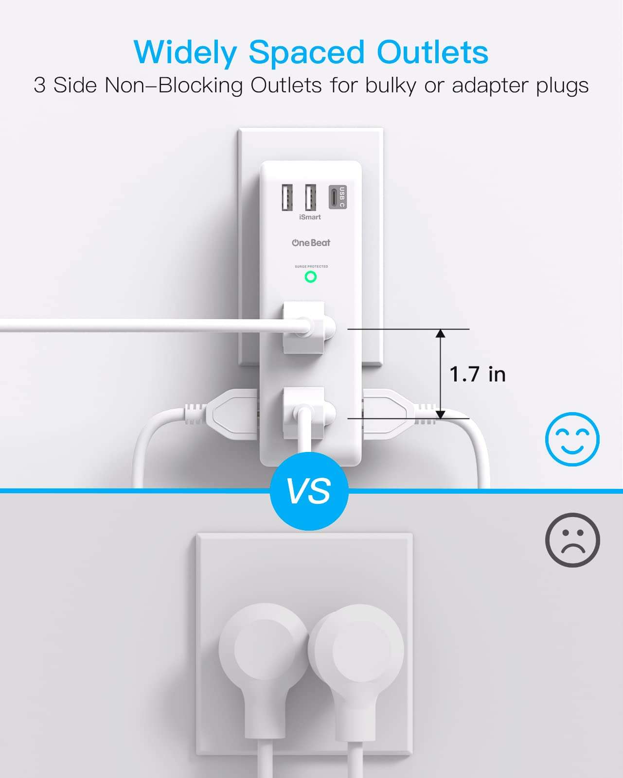Surge Protector Outlet Extender with Rotating Plug - One Beat 6 AC Multi Plug Outlet with 3 USB Ports (1 USB C), 1800J Wall Charger, 3-Sided Power Strip Spaced Outlet Splitter for Home Office Travel - Image 7