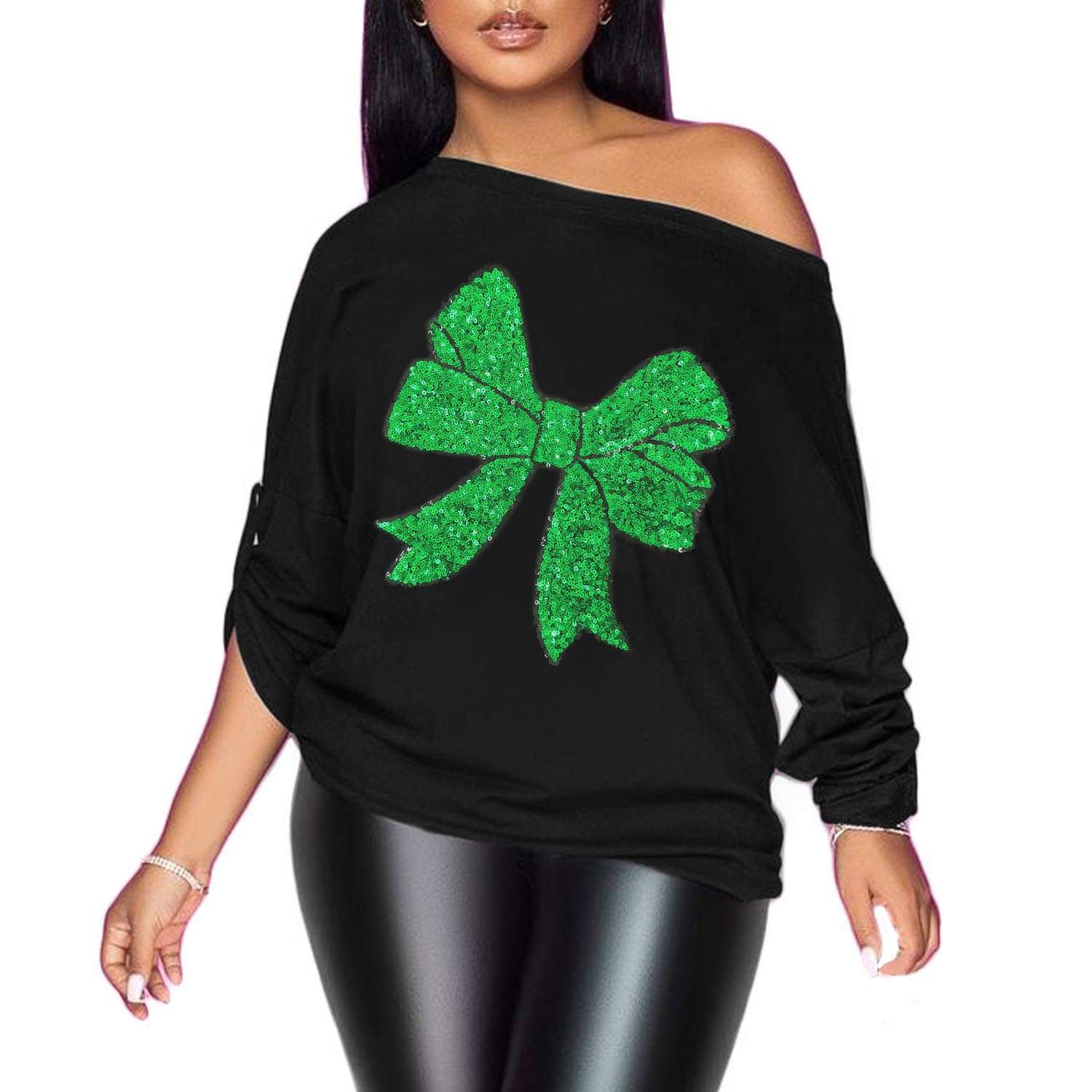 PESION Womens Off The Shoulder Tops Sexy Shiny Metallic Shirts Long Sleeves Fashion Graphic T-shirts Blouses - Image 1