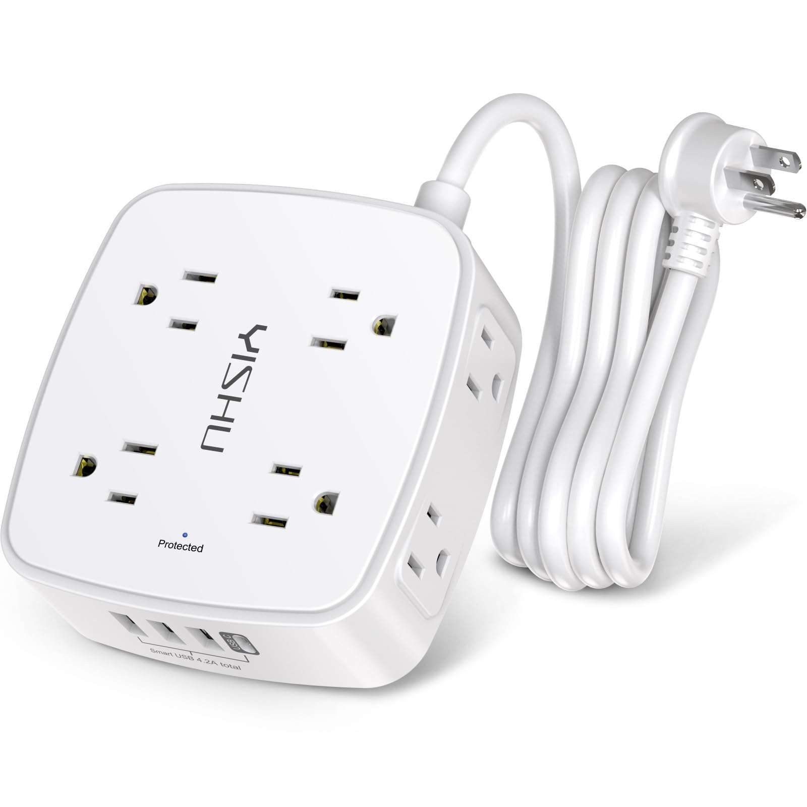 6 Ft Surge Protector Power Strip - 8 Widely Outlets with 4 USB Ports, 3 Side Outlet Extender with 6 Feet Extension Cord, Flat Plug, Wall Mount, Desk USB Charging Station, ETL,White - Image 1