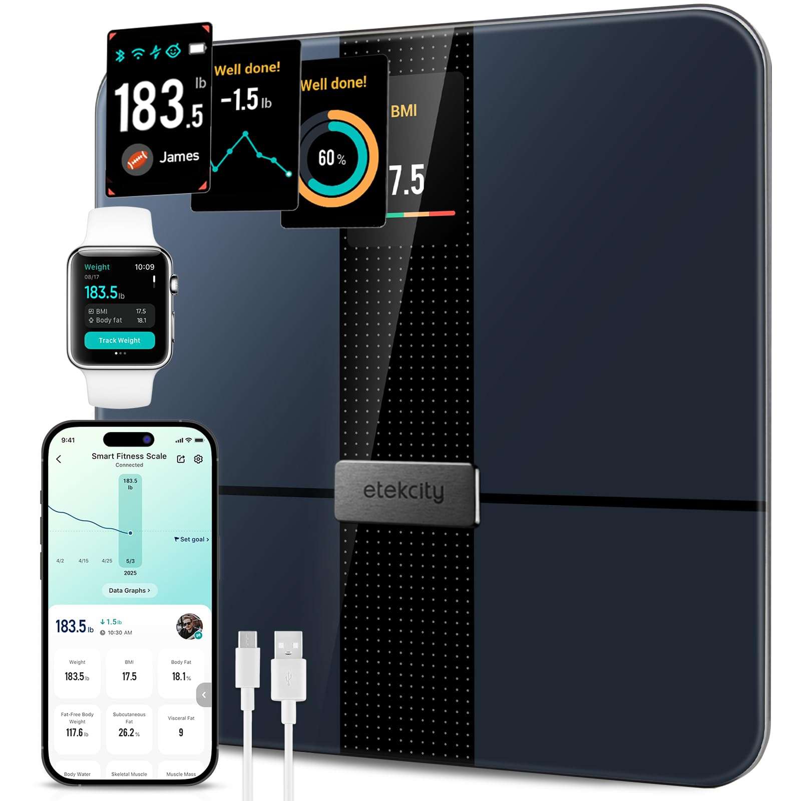 Etekcity Smart Scale for Body Weight Fat, Digital Bathroom Weighing Machine for Accurate BMI Muscle Mass Composition, Home Use Apple Health Compatible Fitness Equipment - Image 1