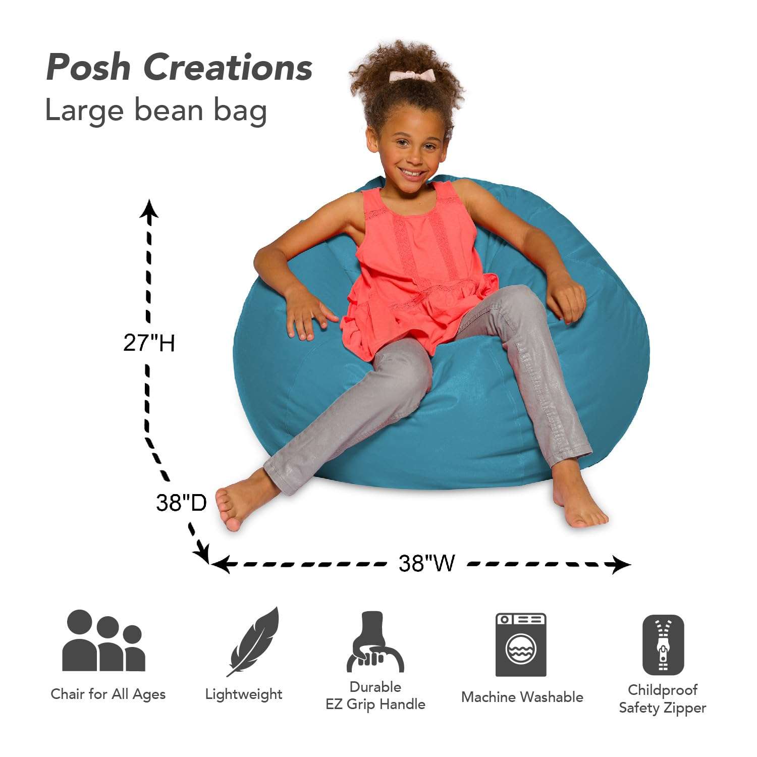 Posh Creations Bean Bag Chair for Kids, Teens, and Adults Includes Removable and Machine Washable Cover, Heather Teal, 38in - Large - Image 3