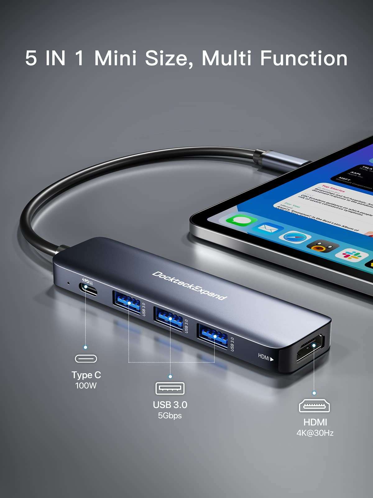 USB C HUB, DockteckExpand USB-C Multiport Adapter 5 in 1 with 4K HDMI, 100W Power Delivery, 3 USB 3.0 Data Ports for MacBook Pro/Air, iPad Pro/Air/Mini 6 and More - Image 2