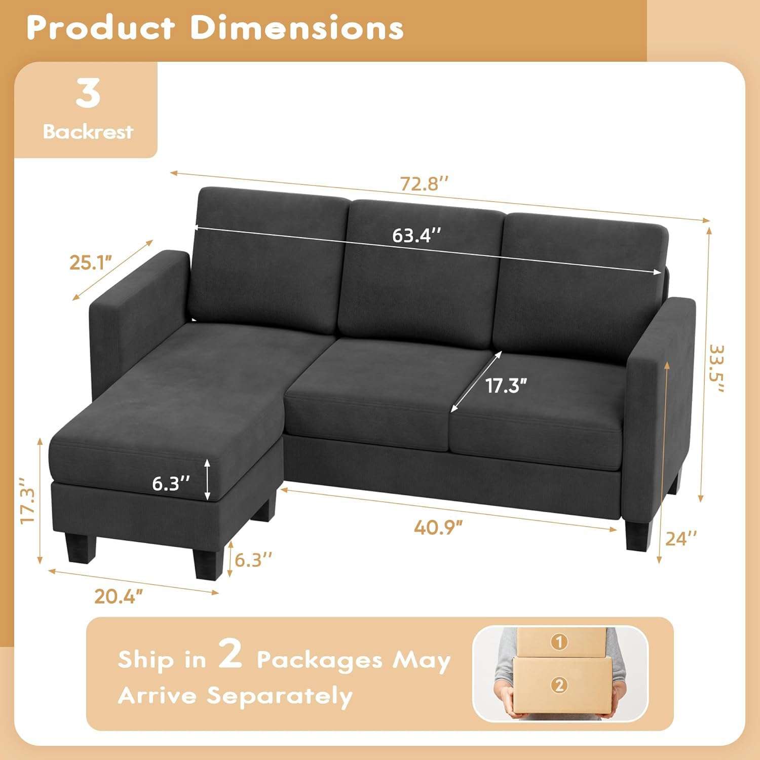VICTONE Convertible Sectional Sofa Couch, 3 Seat L-Shaped Sofa with Linen Fabric Ottoman Small Couch for Small Apartments, Living Room and Office (Linen Fabric, Dark Gray) - Image 2