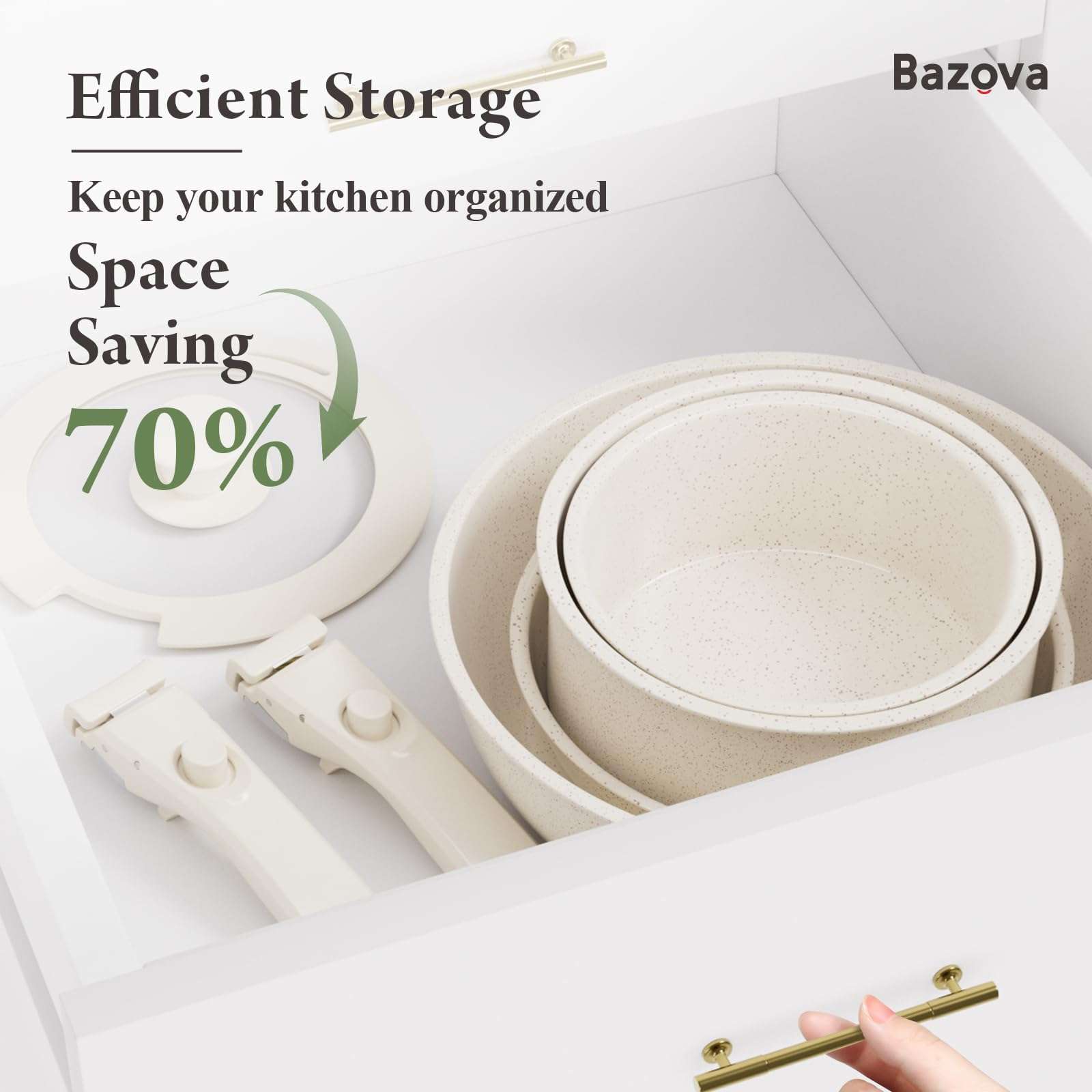 Bazova Ceramic Nonstick Cookware Set, Healthy,Non Toxic,17-Pieces Pots and Pans Set Removable Handles,Induction RV Kitchen Set,Stain & Scratch-resistant,Dishwasher/Oven Safe,PFAS/PFOA Free,Cream White - Image 3