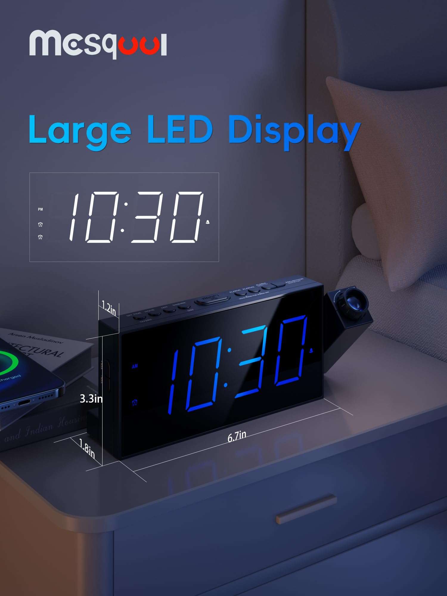 Digital Projection Alarm Clocks for Bedrooms - Large LED Display, 180° Rotatable Projector, 5-Level Dimmer,USB Charger,Battery Backup,Loud Dual Alarms for Kids Elderly,Heavy Sleepers,Snooze,12/24H,DST - Image 2