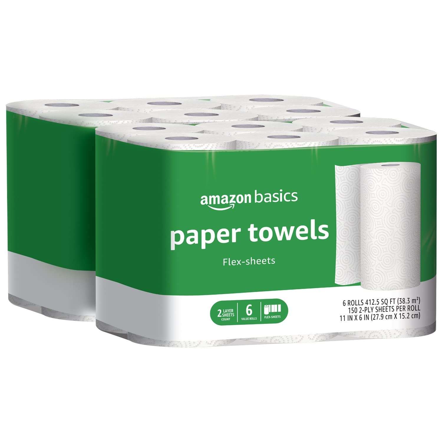 Amazon Basics 2-Ply Flex-Sheets Paper Towels, 12 Basics Rolls = 32 Regular Rolls, Everyday Value with 150 Sheets per Roll - Image 1