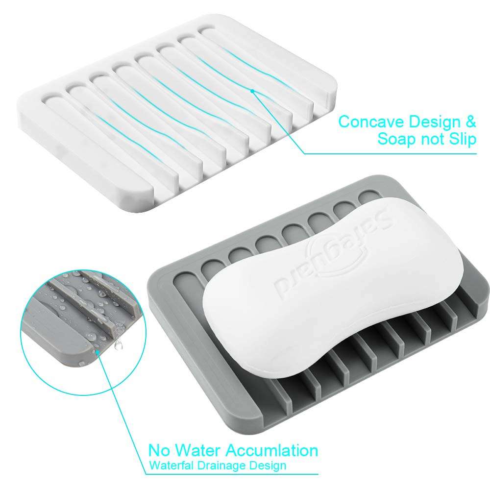 2PCS Soap Dish Holder, Premium Silicone Soap Dishes for Shower Bathroom Kitchen Sinks， Soap Tray Saver Drainer, Self-draining Waterfall, Non-Slip Design, Easy Cleaning (Gray) - Image 3