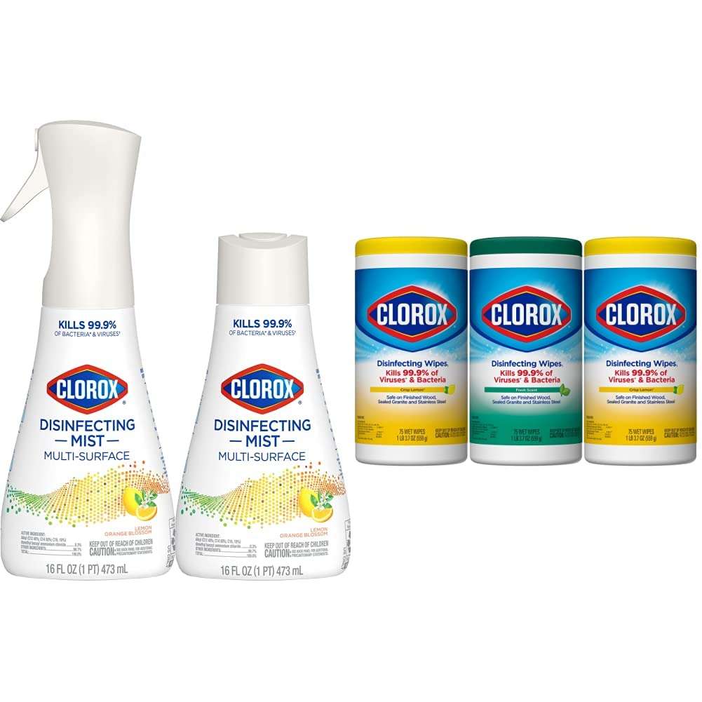 Clorox Cleaning Bundle Disinfecting Mist Lemon and Orange Blossom Scent (1 Spray Bottle & 1 Refill, 16 Fl Oz Each) Disinfecting Wipes (3-Pack, 75ct Each) - Image 1