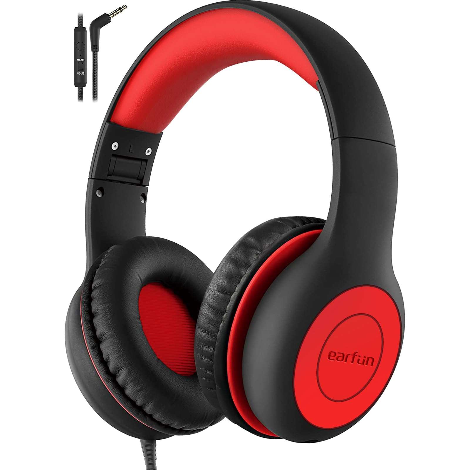 EarFun Kids Headphones Wired with Microphone, 85/94dB Volume Limit Headphones for Kids, Portable Wired Headphone with Shareport, Stereo Sound Foldable Headset for School/Tablet/iPad/Kindle, Black Red - Image 1