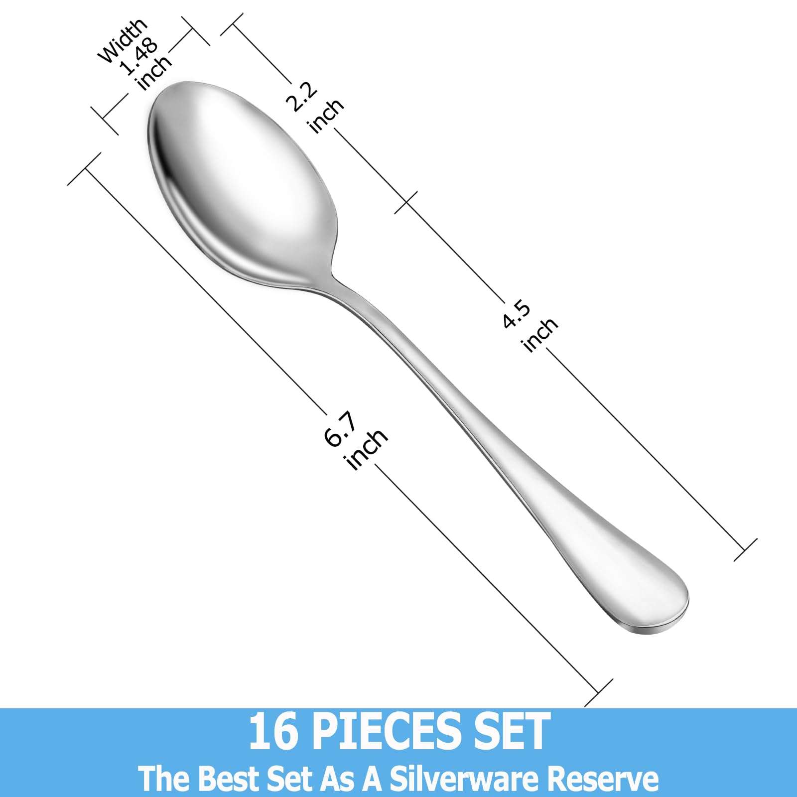 Teaspoon Set,16 Piece 6.7" Spoons Silverware, Premium Food Grade Stainless Steel Tea Spoons, Durable Small Spoon, Good Teaspoons, Kitchen Dessert Spoon Set, Mirror Finish & Dishwasher Safe - Image 2