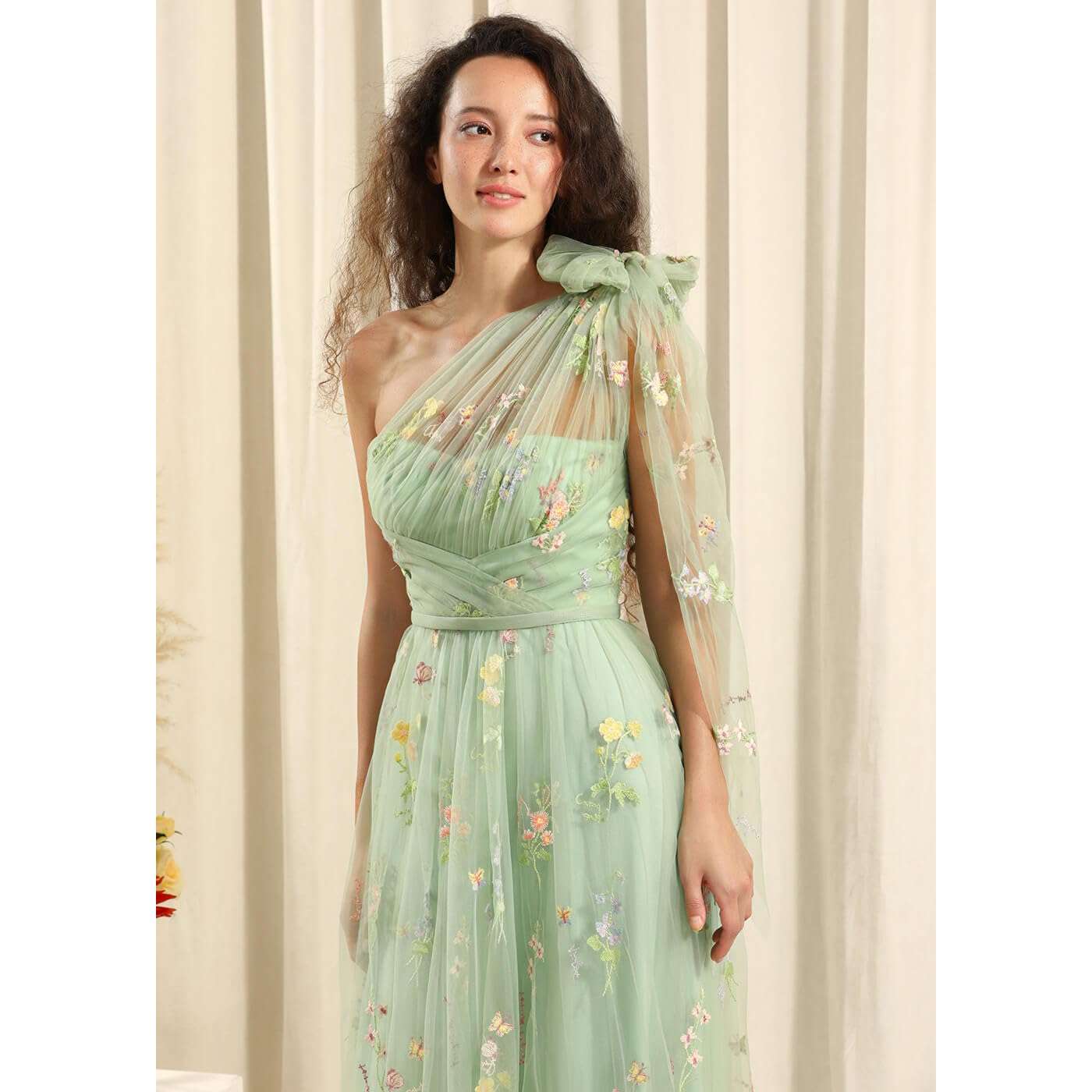 Floral Embroidery Prom Dresses with Pleats Long One Shoulder Spring Tulle Formal Party Dress for Women - Image 4