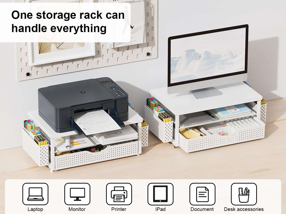 gianotter Wood Monitor Stand Riser, Office Desk Shelf Organizer, Desk Organizer with Drawer and Pen Holder, 2-Tier Computer Stand, Office Organization (Matte White) - Image 7