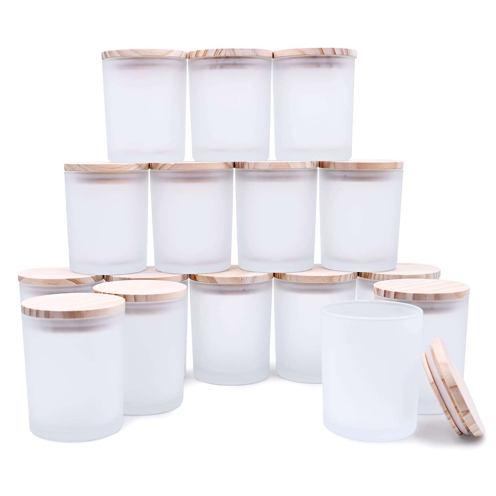 SHOWIN Thick Candle Jars for Making Candles 16 Pcs, 7 OZ Empty Jars with Wood Lids for Candle Making, Sample Container, Frosted White - Image 1
