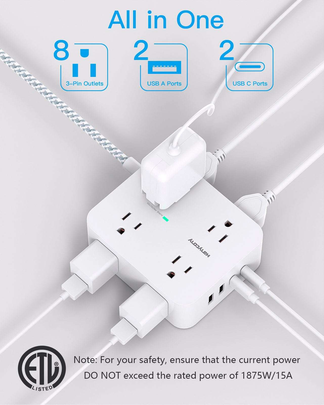 Surge Protector Power Strip - HANYCONY 8 Outlets 4 USB (2 USB C) Charging Ports, Multi Plug Outlet Extender, 5Ft Braided Extension Cord, Flat Plug Wall Mount Desk Charging Station for Home Office ETL - Image 2