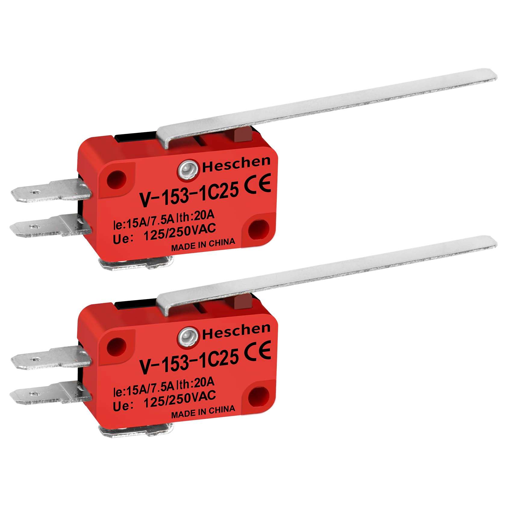 Heschen Micro Switch, V-153-1C25, SPDT, Long Hinge Lever, 20A 250VAC, 2 Pack - Image 1
