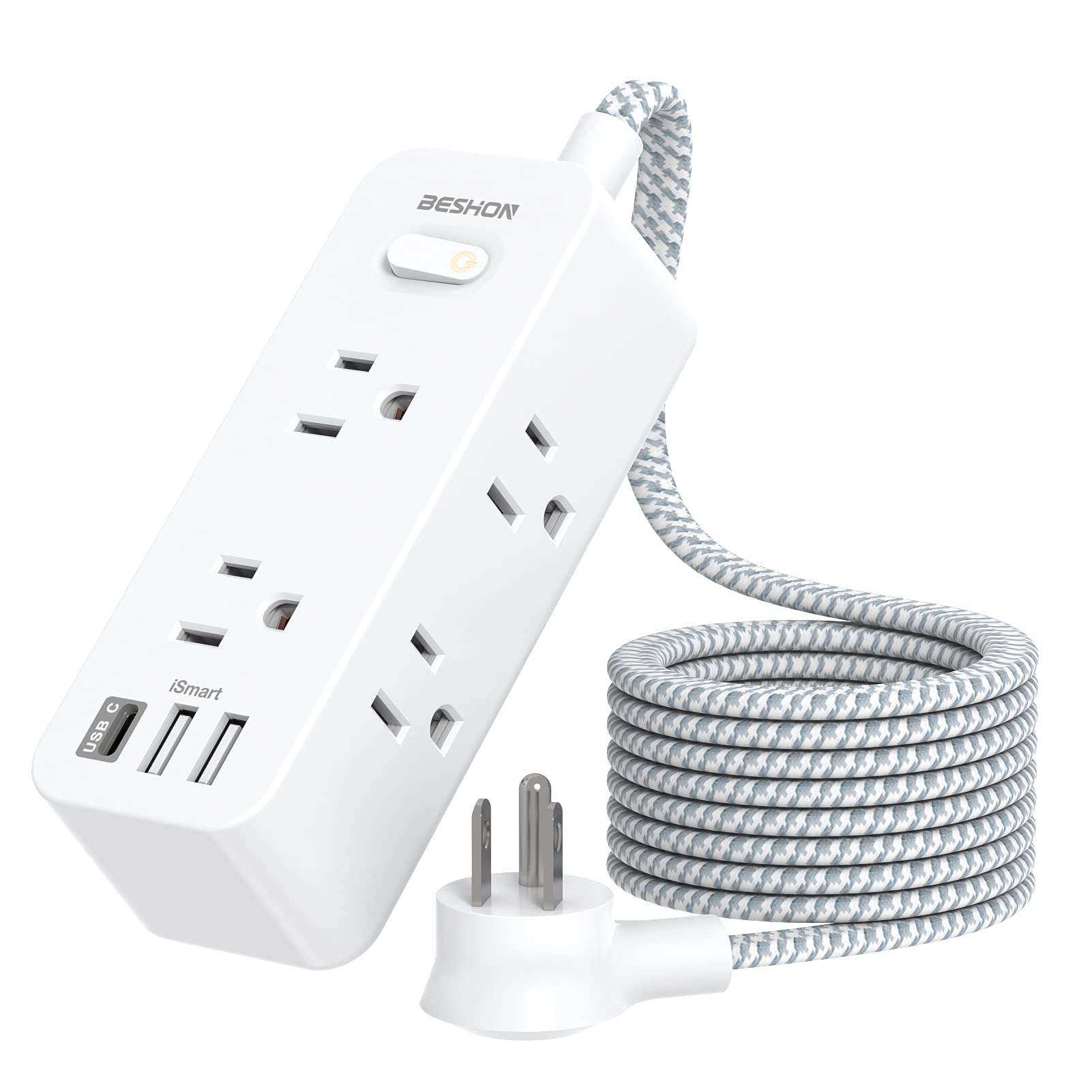 Power Strip Surge Protector, BESHON 5Ft Extension Cord, 6 Outlets with 3 USB Ports(1 USB C Outlet), 3-Side Outlet Extender, Wall Mount, Compact for Travel, Home, School, College Dorm Room and Office - Image 1