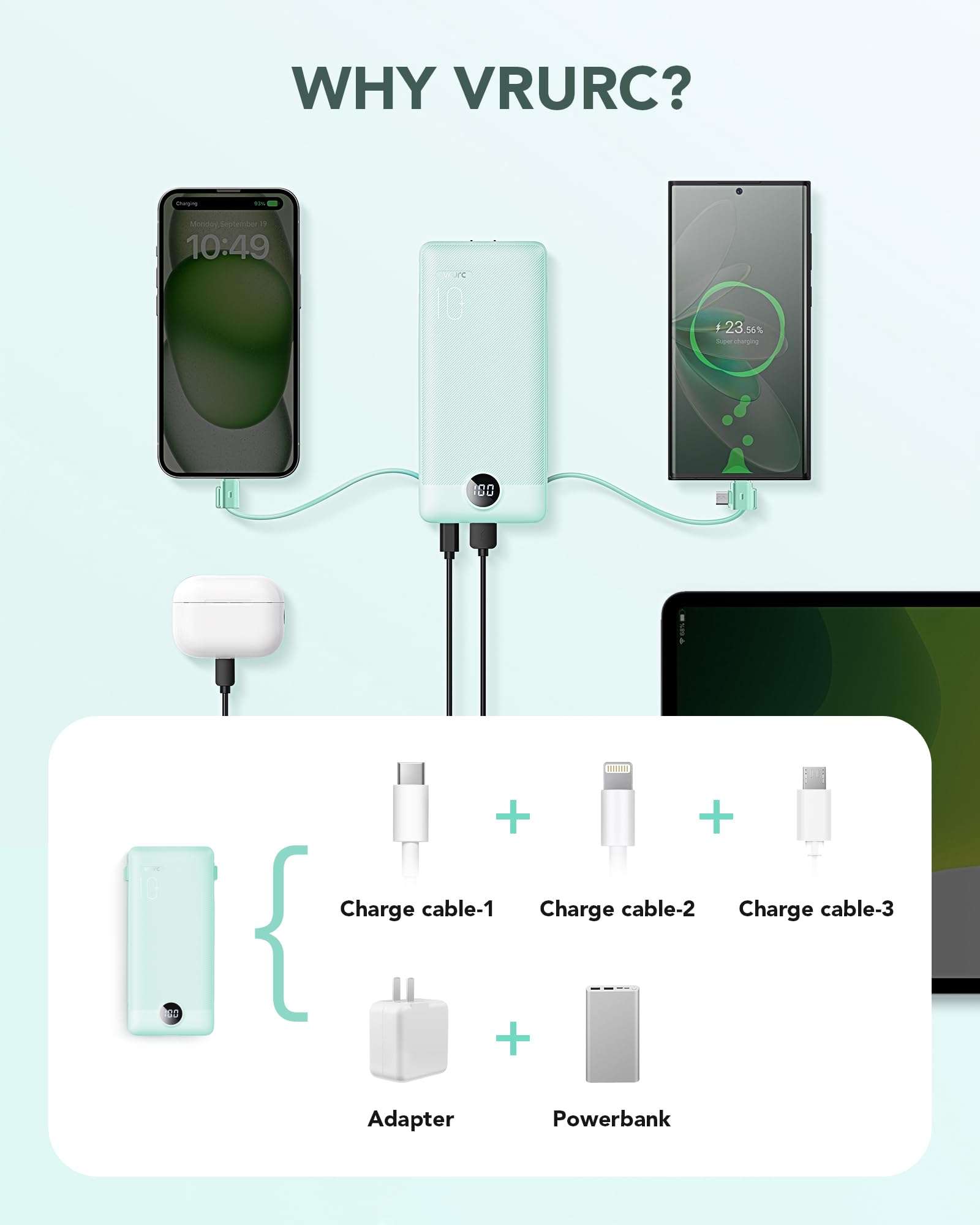 VRURC Portable Charger Built-in Cables and AC Wall Plug, USB C Power Bank 10000mAh, Travel Battery Portable Phone Charger Compact Lightweight External Battery Pack for Smart Phones, Tablets etc-Green - Image 4