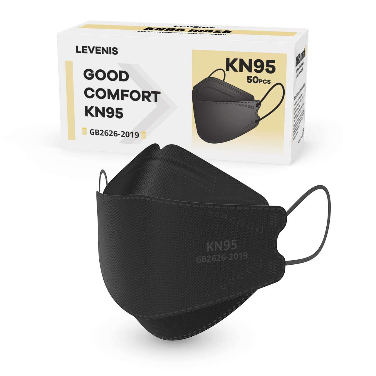 LEVENIS KN95 Face Masks 50 Pack, Breathable Comfortable and Disposable KN95 Mask, Black - Image 1