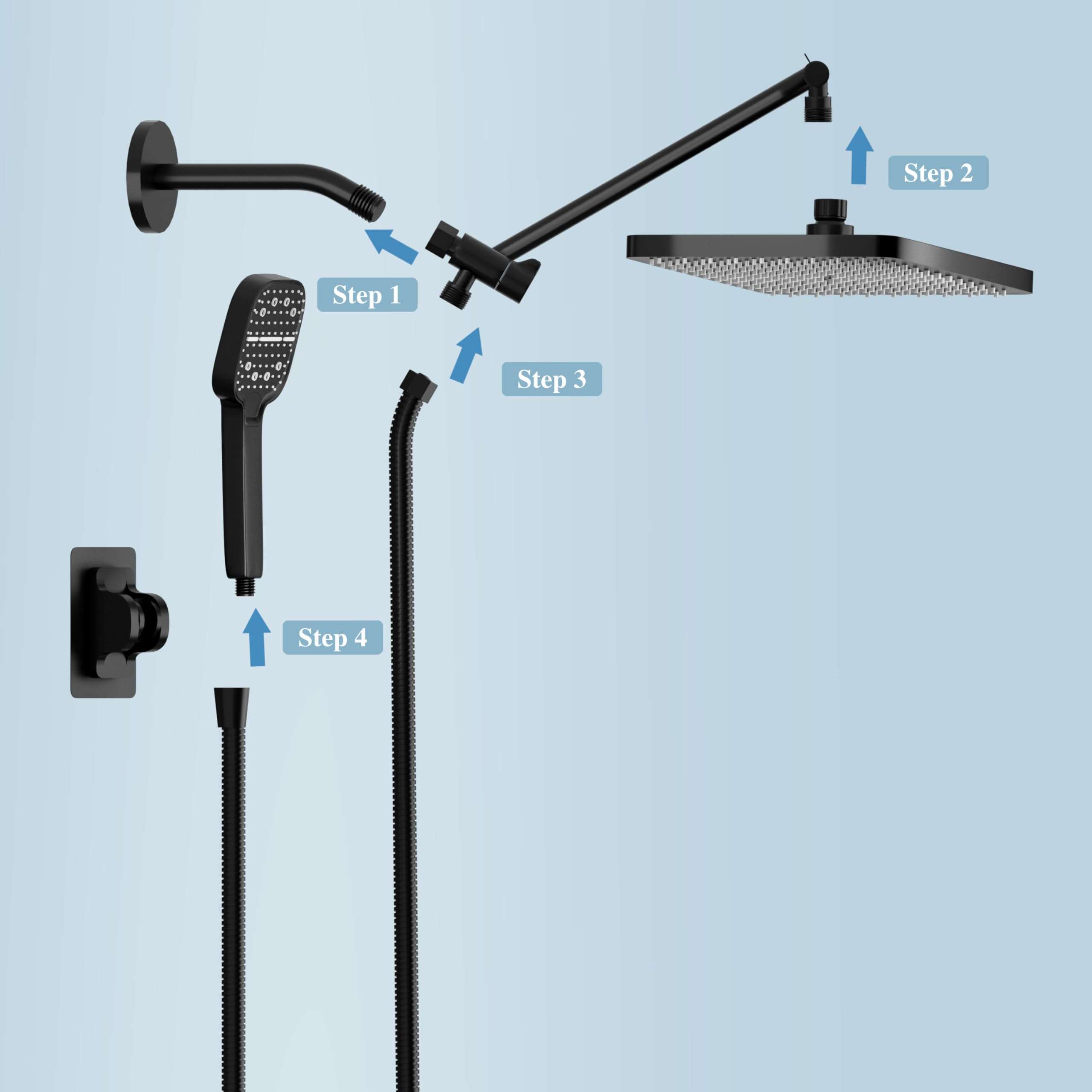 12 Inch Shower Head, High Pressure Rainfall/Handheld Dual Shower Combo- Upgrade Extension Arm Height Adjustable - Handheld Shower Wand and Hose Black, Matte Black (12Inch Showerheads) - Image 6