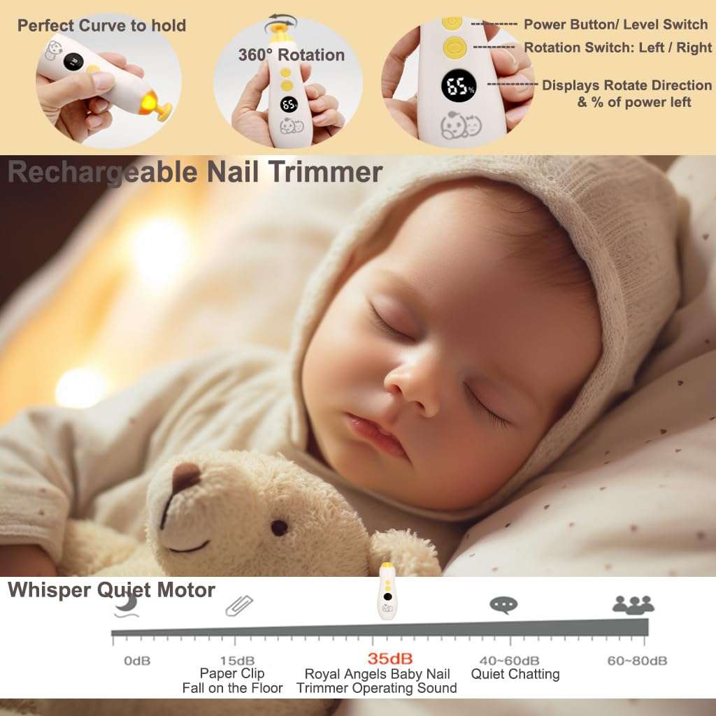 Rechargeable 22 in 1 Baby Nail Trimmer, Usage Labeled Case, 13 Extra Replacement Tools, Royal Angels Electric Nail File with LCD Display, Newborn Toddler Nail Care Clipper Kit (Rechargeable, Mango) - Image 4