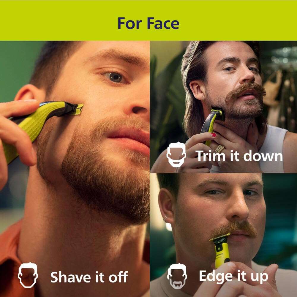 Philips Norelco OneBlade 360 Hybrid Blade for Face + Body, Electric Beard Trimmer, Shaver and Groomer, with 360 Blade Technology, 5in1 Adjustable Comb, 1x Body Kit, Model QP2834/70, Black/Lime Green - Image 2