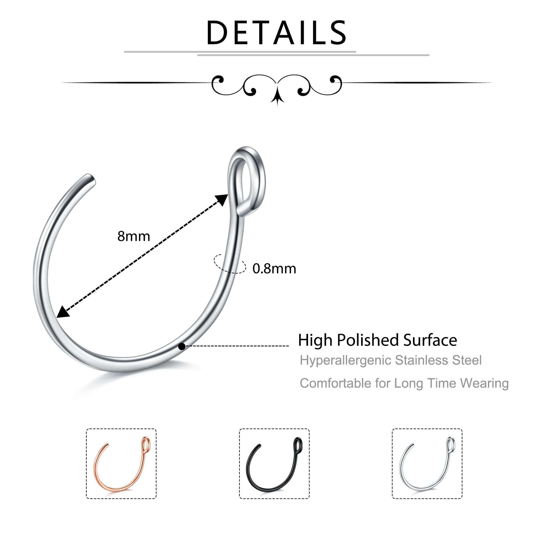 D.Bella 20G Fake Piercing Jewelry Hoop for Faux Lip Septum Nose Ring Set,8mm - Image 2