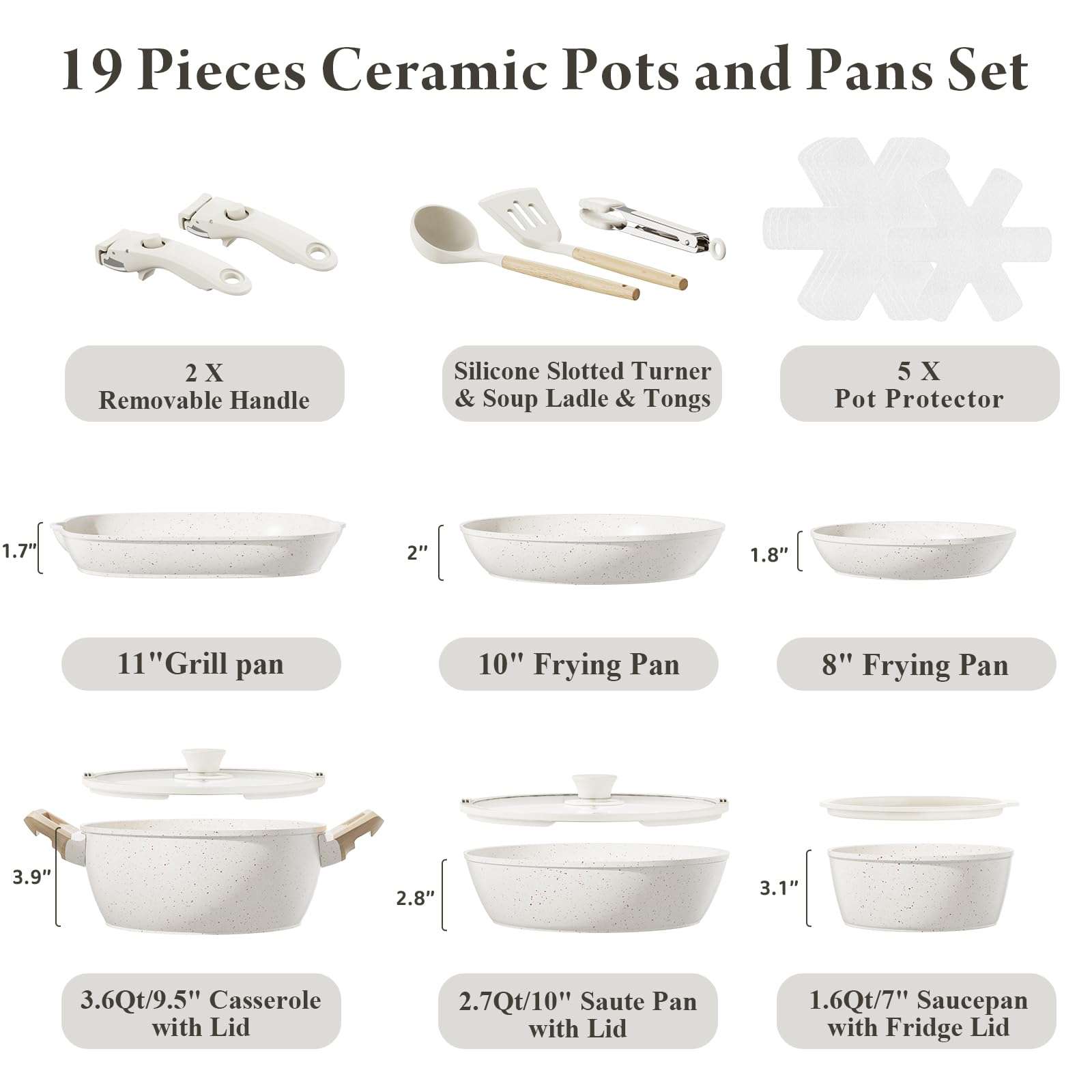 Bazova 19 Pcs Pots and Pans Set Non Stick Ceramic Cookware Set with Removable Handles, Non Toxic Induction Kitchen Cookware Sets RV Cookware,Dishwasher/Oven Safe PFAS/PTFE/PFOA Free Cream White - Image 2