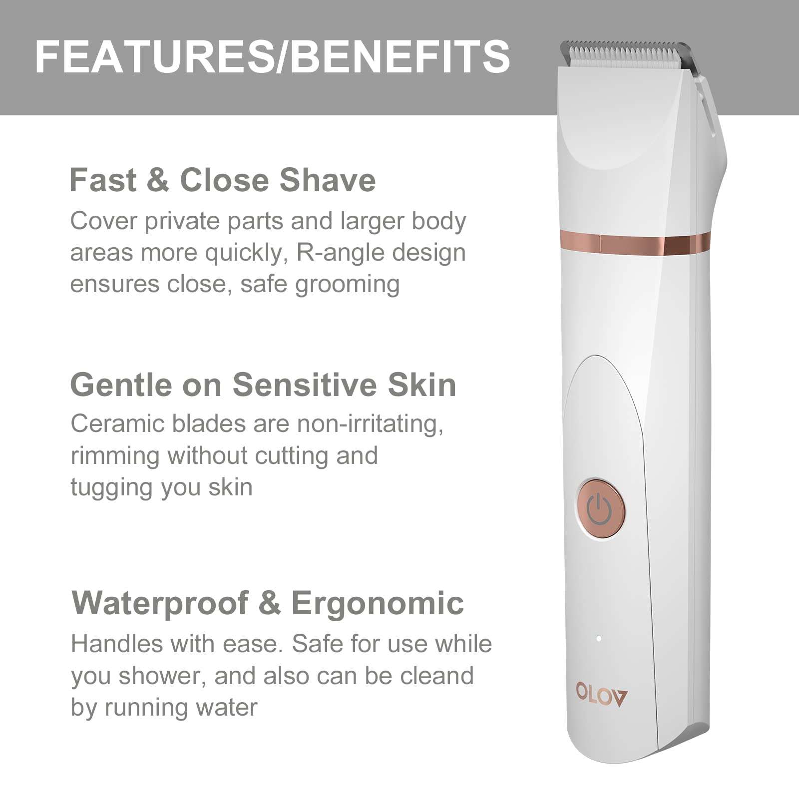 OLOV Electric Body Hair Trimmer - Groin Trimmer for Men - Bikini Trimmer Women - Wet/Dry Shaver Groomer, Replaceable Ceramic Blade Heads, USB Recharge Dock, Waterproof Hygiene Razor, White - Image 7