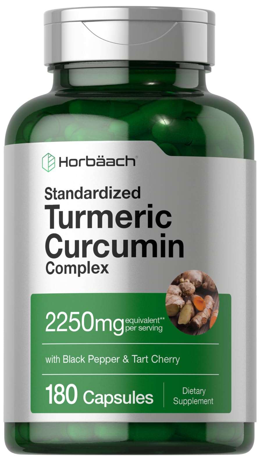 Horbäach Turmeric Curcumin Supplement | 2250mg | 180 Capsules | with Black Pepper & Tart Cherry | Non-GMO & Gluten Free - Image 1
