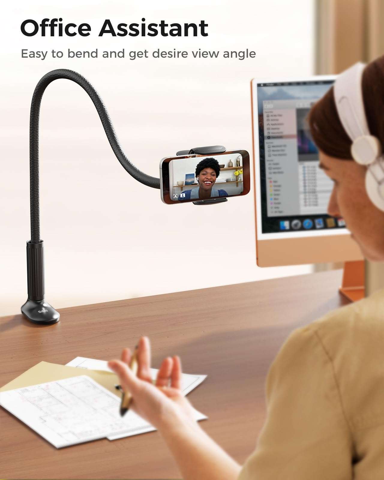 SAIJI Gooseneck Phone Holder for Bed Overall Length 38.6” Flexible Leather Wrapped Arm Overhead Cell Phone Mount Stand with 360° Adjustable Clamp Clip, Compatible with All 4-7” Cellphones (Black) - Image 7