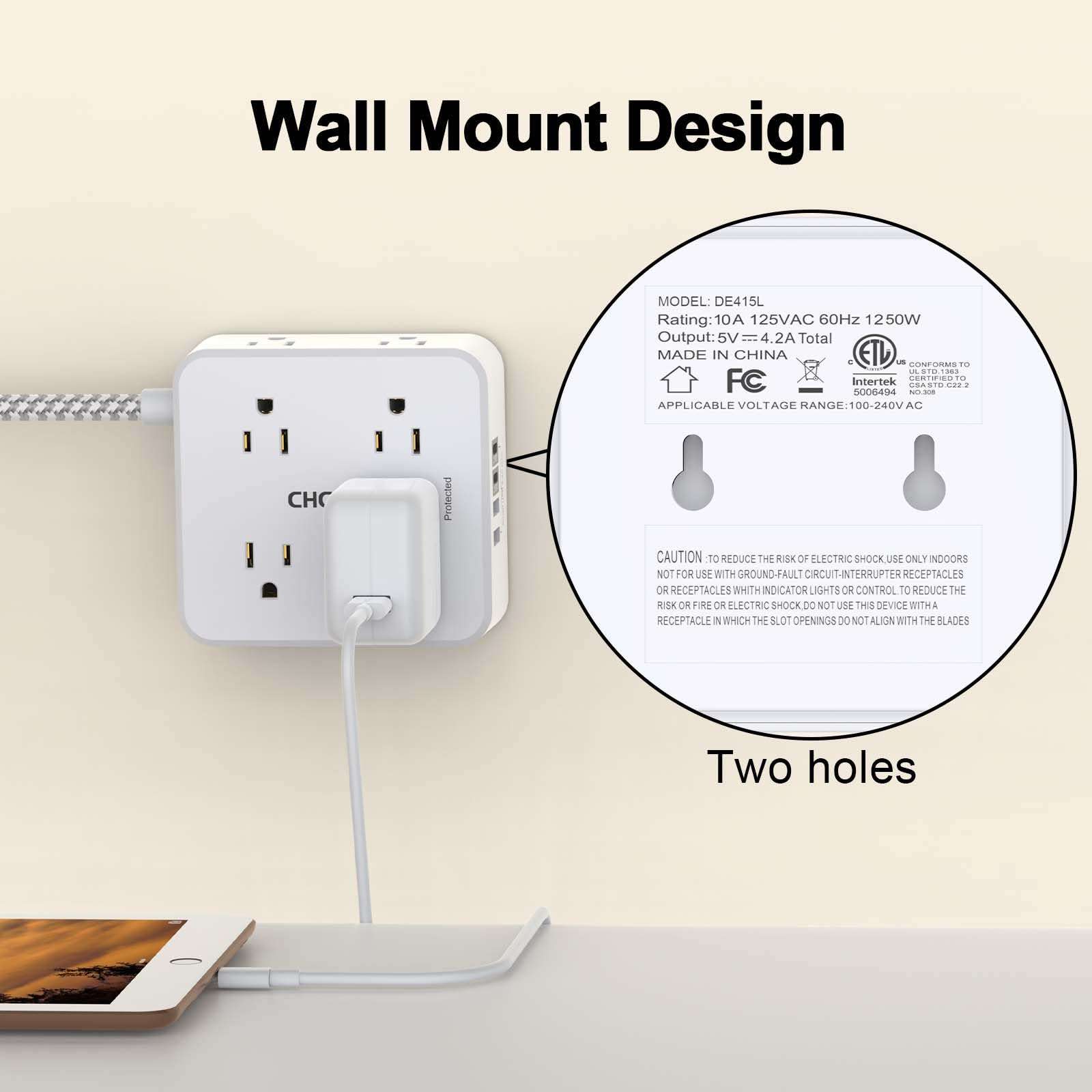 Surge Protector Power Strip - CHCORE 5Ft Braided Extension Cord with 8 Outlets with 4 USB (2 USB C) Charging Ports, Flat Plug Multi Plug Outlet Extender Charging Station for Home Office, ETL, White - Image 5