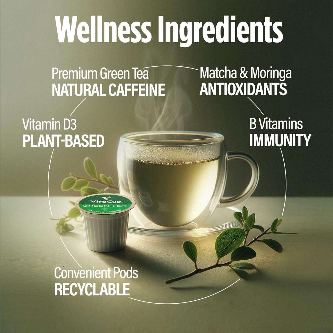 VitaCup Green Tea Pods 16 Ct, Enhance Energy & Detox with Matcha | Moringa | B Vitamins, D3 | Keto, Paleo, Vegan | Recyclable Single Serve Pod | Compatible with Keurig K-Cup Brewers - Image 4
