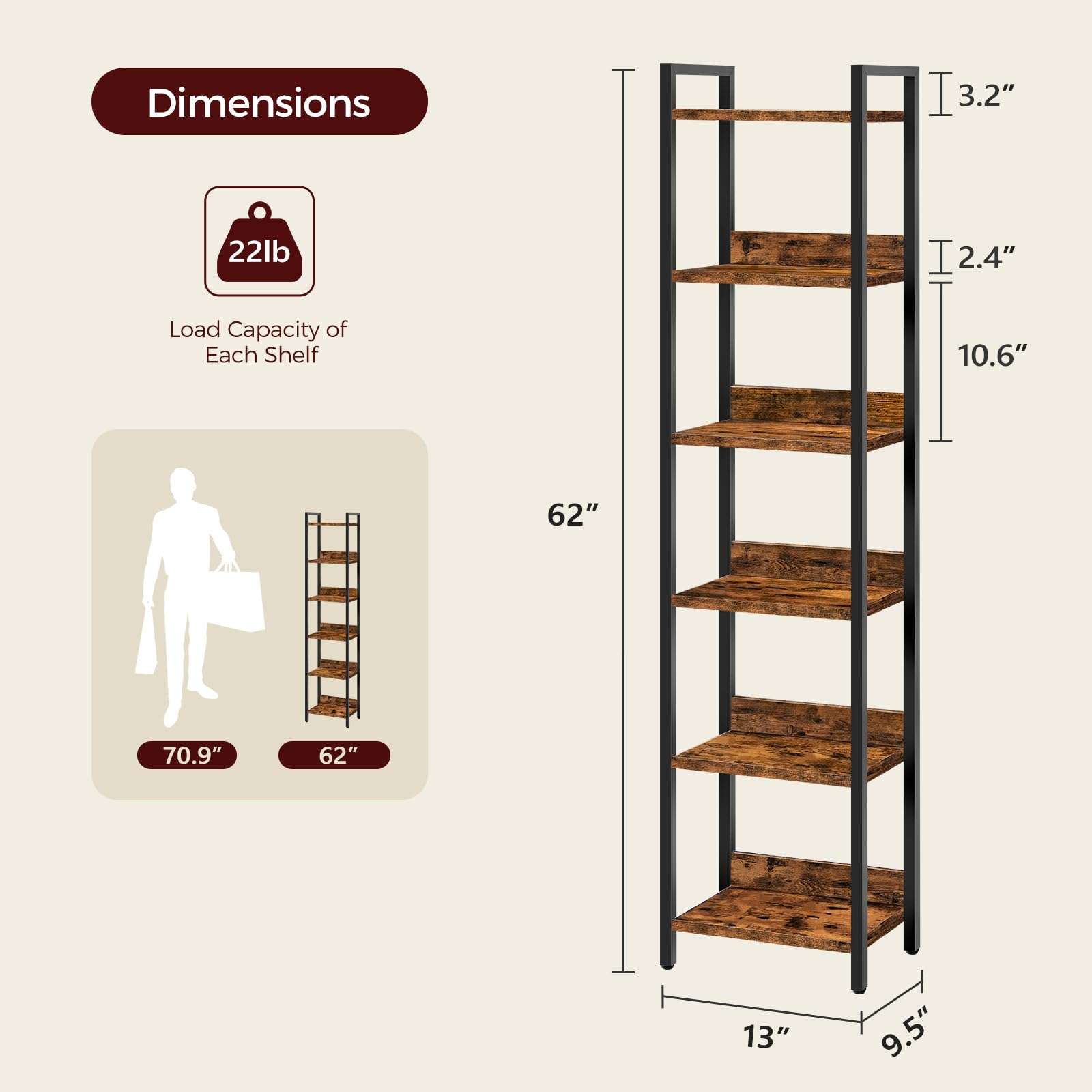 MAHANCRIS Bookshelf, 6-Tier Bookcase, Standing Book Shelf for Small Space, Storage Shelf Organizer, for Living Room, Bedroom, Study, Balcony, Rustic Brown and Black BKHR6601 - Image 3