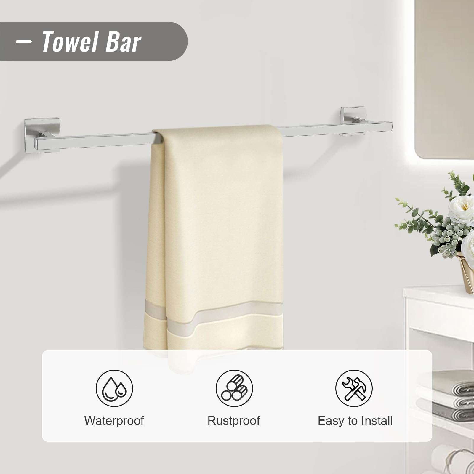 YACVCL Towel Bar Set, 5 Pieces Bathroom Hardware Set Brushed Nickel Bathroom Accessories, SUS304 Stainless Steel Towel Racks Holder Set Wall Mounted 23.6 Inch - Image 2