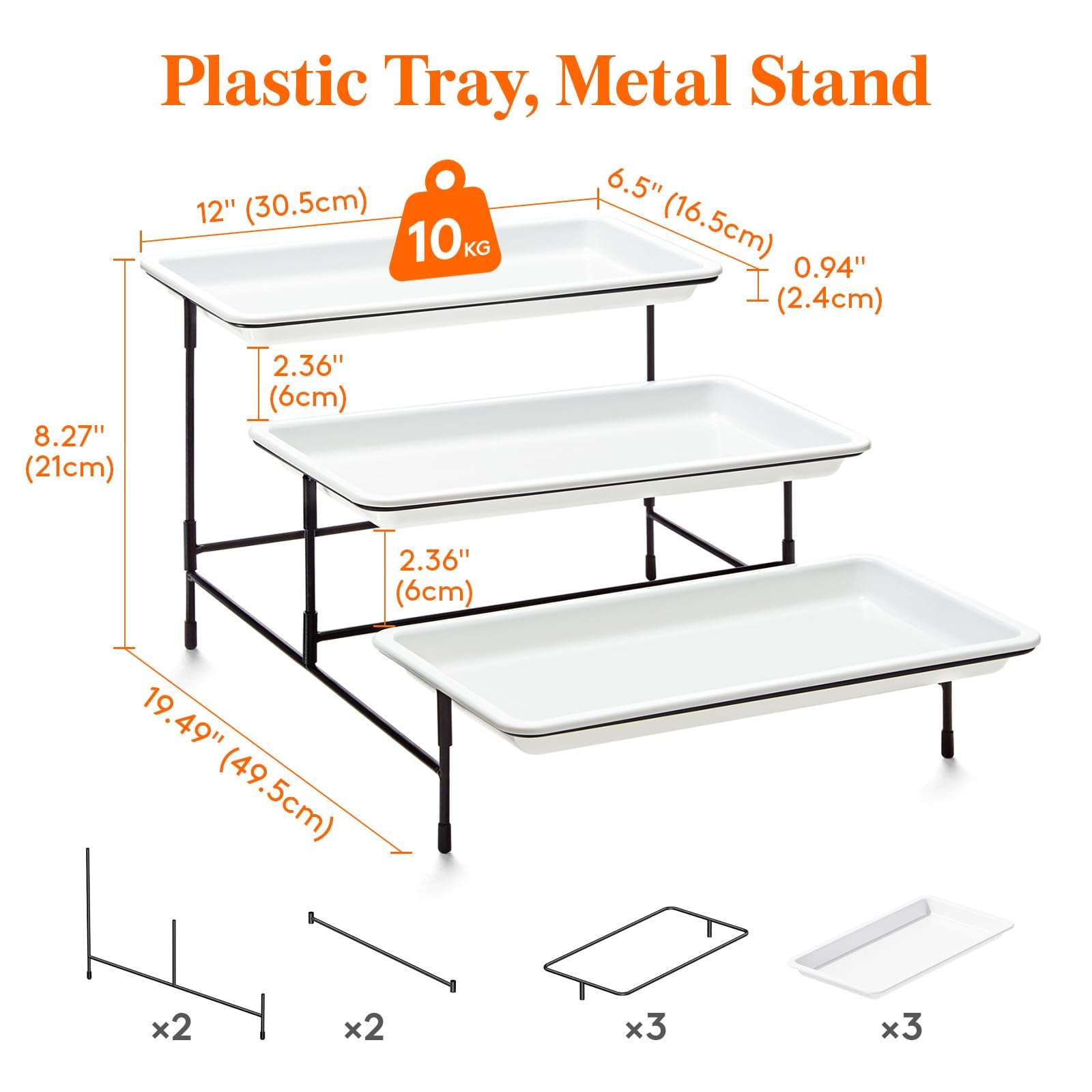 Lifewit 3 Tier Serving Tray, 12" x 6.5" White Plastic Tiered Food Serving Platters, Tiered Tray Stand for Party with Black Collapsible Metal Stand, Dessert Display Stands for Cookies, Crackers - Image 3